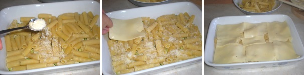 Spolverizzate la pasta con un cucchiaio di grana grattugiato e ricopritela con 6 fette di formaggio Gouda.