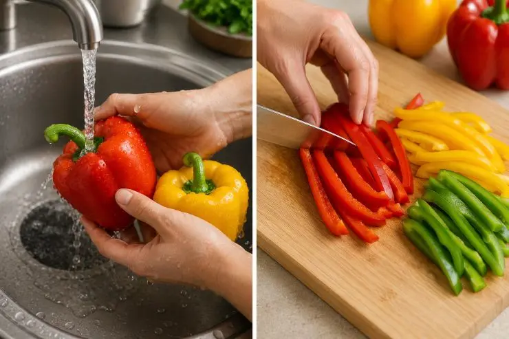 Lavate i peperoni, eliminate il picciolo e tagliateli a metà. Eliminate i semi e i filamenti interni, doppodiché tagliateli a listarelle.