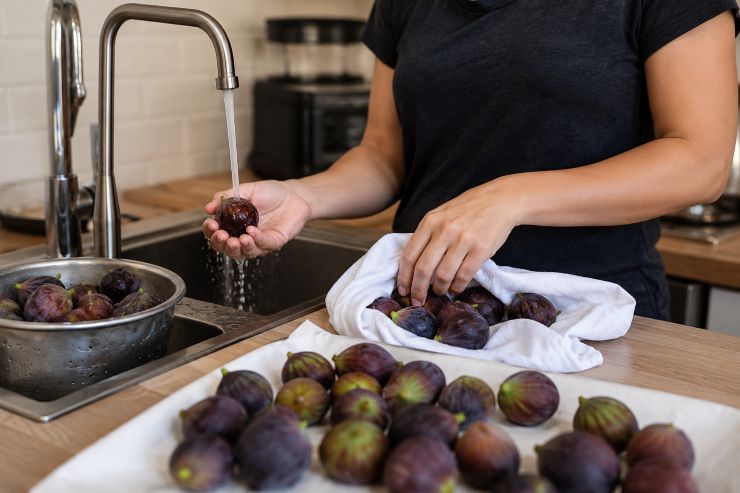 Lavate accuratamente i fichi facendo molta attenzione in quanto si tratta di frutti molto delicati, soprattutto quando raggiungono il perfetto grado di maturazione. Asciugateli bene, sempre facendo molta attenzione, con un panno pulito e asciutto.