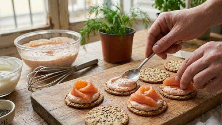 Con l’aiuto di un cucchiaino spalmate la mousse sui singoli crackers, adagiatevi sopra una striscia di salmone affumicato, una fogliolina di prezzemolo fresco e completate il tutto con una spolverata di pepe nero.
