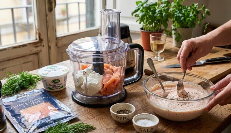 Mettete all’interno di un frullatore la ricotta e 130 grammi circa di salmone affumicato. Chiudete e frullate il tutto fino ad ottenere un composto cremoso. Trasferite il composto così ottenuto all’interno di una ciotola, aggiungete un pizzico di pepe, regolate di sale e mescolate bene.