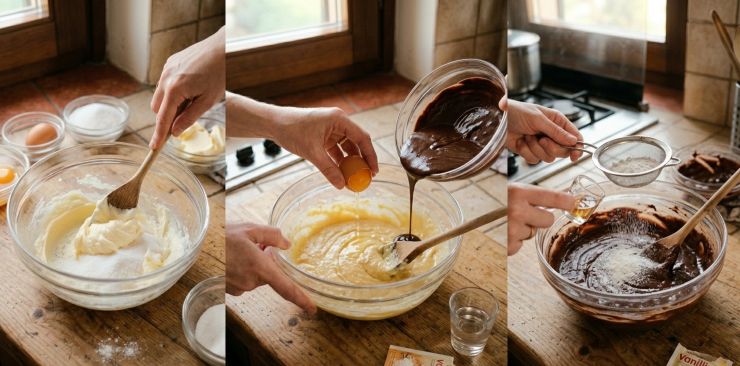 In una ciotola piuttosto capiente lavorate il burro con lo zucchero fino ad ottenere una crema. Unite un uovo alla volta, avendo cura di amalgamare bene il tutto prima di incorporare un altro uovo. Aggiungete il cioccolato fuso e a poco alla volta la farina setacciata a cui avrete aggiunto il lievito. Aggiungete anche la vanillina e il rhum, dopodiché mescolate bene il tutto.