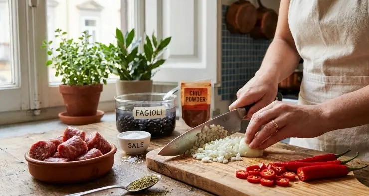 Tritate finemente la cipolla e tagliate a pezzi la salsiccia. Tagliate anche i peperoncini, in modo tale da ottenere delle rondelle sottili.