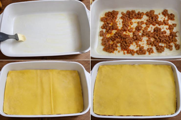 Imburrate una teglia rettangolare e cospargete sul fondo un mestolo di besciamella e quattro-cinque cucchiai di ragù alla bolognese. Adagiatevi sopra uno strato di lasagne all’uovo, facendo in modo di coprire tutta la superficie.