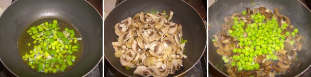 Iniziate a pulire i cipollotti, tagliatene uno e trasferitelo in un tegame dai bordi alti. Fatelo imbindiore con un po’ d’olio, aggiungete i funghi puliti e tagliati e dopo circa cinque minuti i piselli. Salate e fate cuocere per circa otto minuti.