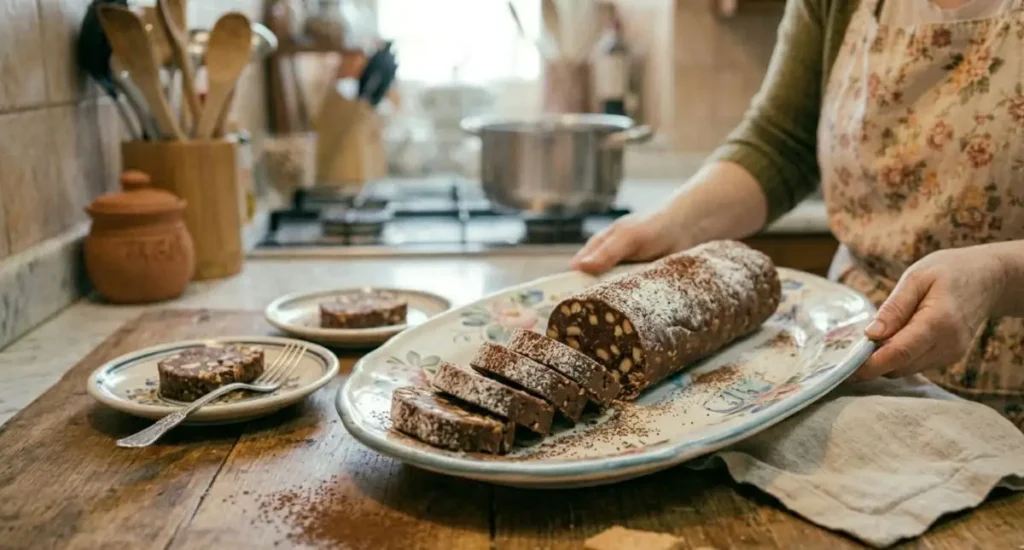 Donna con grembiule floreale mentre presenta un piatto di salame di cioccolato affettato e spolverato di zucchero a velo, pronto per essere servito.