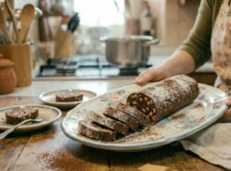 Donna con grembiule floreale mentre presenta un piatto di salame di cioccolato affettato e spolverato di zucchero a velo, pronto per essere servito.