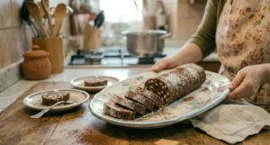 Donna con grembiule floreale mentre presenta un piatto di salame di cioccolato affettato e spolverato di zucchero a velo, pronto per essere servito.
