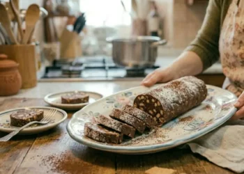 Donna con grembiule floreale mentre presenta un piatto di salame di cioccolato affettato e spolverato di zucchero a velo, pronto per essere servito.
