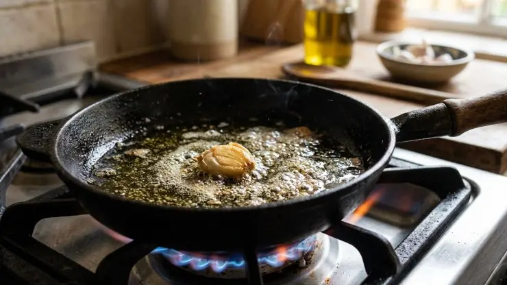 In una padella, preferibilmente antiaderente, versate due cucchiai di olio extravergine di oliva, unite uno spicchio di aglio e fate rosolare per pochi minuti.