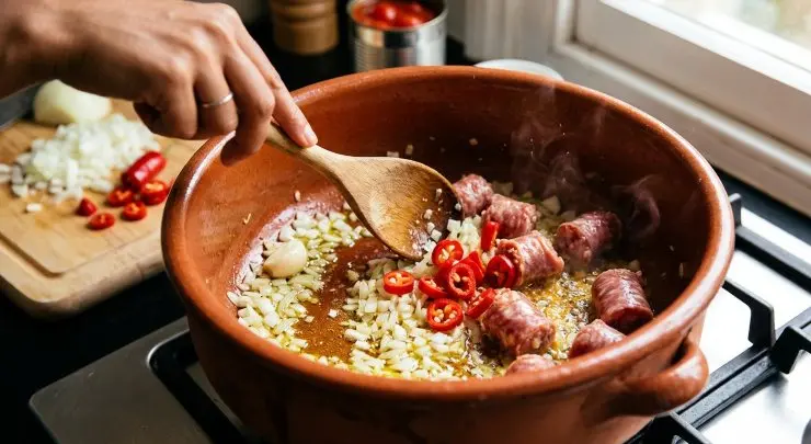 In una pentola piuttosto capiente versate due cucchiai di olio e fate soffriggere la cipolla insieme allo spicchio di aglio per un paio di minuti circa, aggiungete il peperoncino a pezzetti e la salsiccia. Fatela rosolare bene mescolando continuamente per evitare che si bruci o che si attacchi al fondo della pentola.