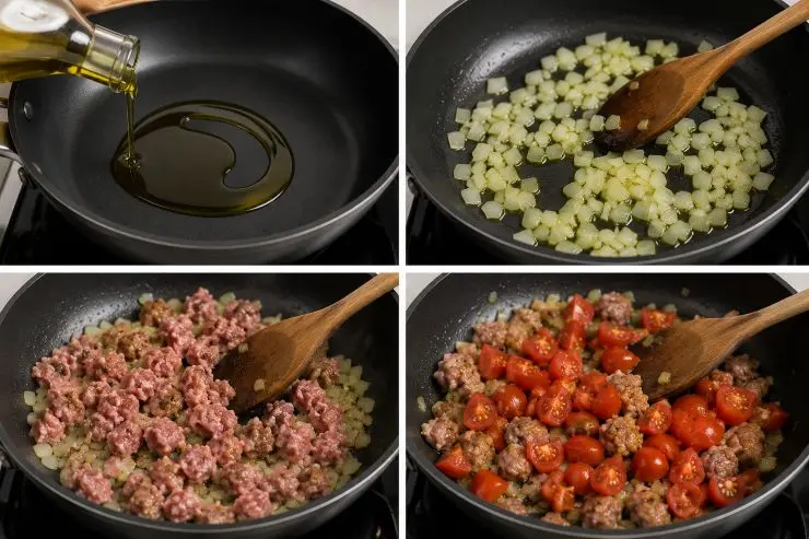 In una padella piuttosto capiente versate due cucchiai di olio, aggiungete la cipolla e fatela soffriggere per un paio di minuti. Aggiungete la salsiccia tagliata a pezzettini, fatela rosolare bene, dopodiché aggiungete i pomodorini tagliati a pezzetti. Salate e fate cuocere per circa 15 minuti. Poco prima del termine della cottura aggiungete il basilico, il concentrato di pomodoro e un pizzico di zafferano.