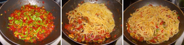 Una volta che il sugo si sarà ristretto aggiungeteci del prezzemolo tritato; a questo punto cuocete gli spaghetti in acqua salata e scolateli al dente, uniteli al sugo con un’altra generosa manciata di prezzemolo, mantecate il tutto e servite subito in tavola.