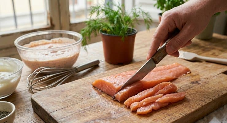 Tagliate a strisce spesse circa un centimetro le fette di salmone affumicato rimaste. Lavate il prezzemolo e asciugatelo accuratamente.