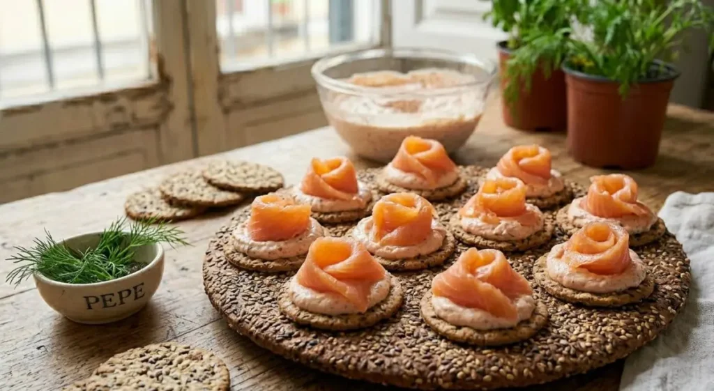 Ricetta Tartine al Salmone: Antipasto Elegante e Veloce Un vassoio di legno rustico pieno di tartine rotonde gourmet con mousse rosa e una fetta di salmone affumicato arrotolata a forma di rosa, guarnite con aneto fresco. Sullo sfondo, una ciotola di crema e piante di aneto.