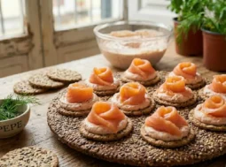 Un vassoio di legno rustico pieno di tartine rotonde gourmet con mousse rosa e una fetta di salmone affumicato arrotolata a forma di rosa, guarnite con aneto fresco. Sullo sfondo, una ciotola di crema e piante di aneto.