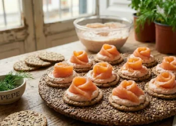 Un vassoio di legno rustico pieno di tartine rotonde gourmet con mousse rosa e una fetta di salmone affumicato arrotolata a forma di rosa, guarnite con aneto fresco. Sullo sfondo, una ciotola di crema e piante di aneto.