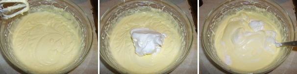 Amalgamate le uova ed il mascarpone fino ad ottenere una crema omogenea, dopodiché unite gli albumi precedentemente conservati in frigo, iniziando a mescolarli con l’aiuto di un cucchiaio e con movimenti circolari dall’alto verso il basso.