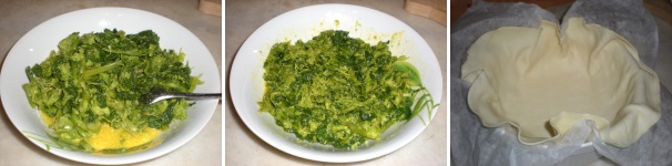 Aggiungete le cime di rapa lessate per 10 minuti e tagliate a pezzetti al composto a base di uova e fatele incorporare mescolando bene. Foderate una pirofila rotonda del diametro di 22 cm. con la pasta sfoglia insieme alla sua carta da forno.