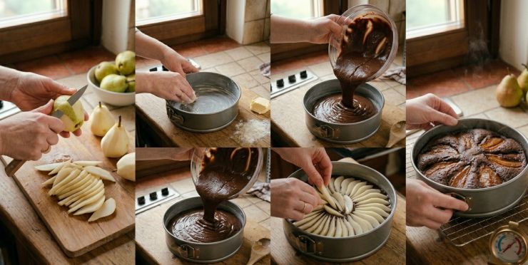 Lavate, sbucciate e tagliate a fettine le pere. Imburrate e infarinate una tortiera, oppure rivestitela con della carta forno, e versate all’interno l’impasto. Distribuite le fettine di pera sulla superficie e cuocere in forno preriscaldato a 220 °C per 45 minuti circa. Trascorso il primo quarto d’ora, abbassate però la temperatura del forno a 180 °C.