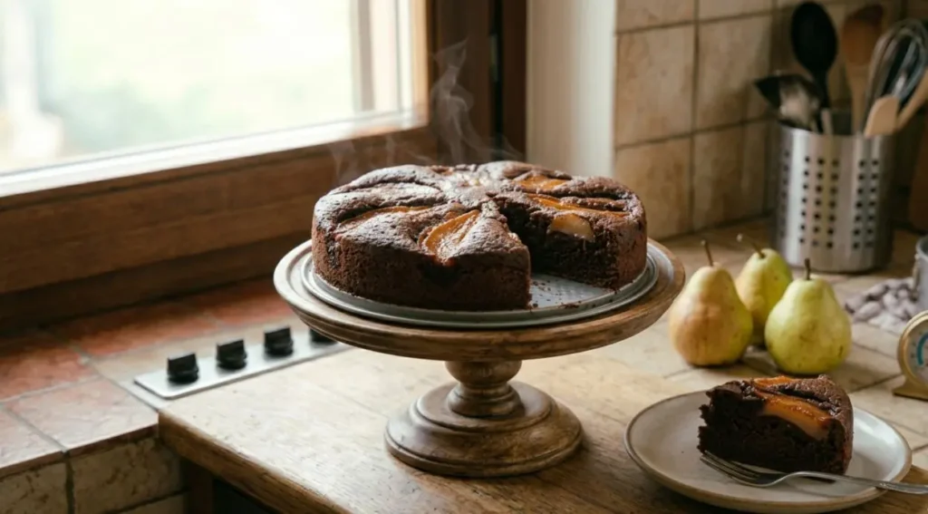 Torta Cioccolato e Pere: Ricetta Soffice Passo-Passo Primo piano di una torta al cioccolato e pere fatta in casa, soffice e alta, decorata in superficie con fettine di pera e leggermente fumante. La torta è su un'alzata di legno in una cucina rustica.