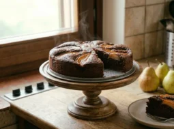 Torta Cioccolato e Pere: Ricetta Soffice Passo-Passo Primo piano di una torta al cioccolato e pere fatta in casa, soffice e alta, decorata in superficie con fettine di pera e leggermente fumante. La torta è su un'alzata di legno in una cucina rustica.