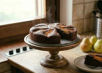 Primo piano di una torta al cioccolato e pere fatta in casa, soffice e alta, decorata in superficie con fettine di pera e leggermente fumante. La torta è su un'alzata di legno in una cucina rustica.