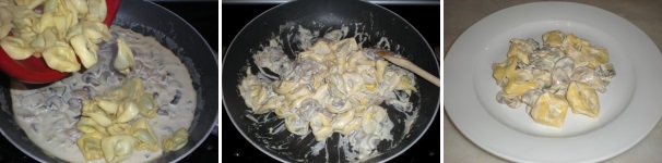 Scolate i tortellini e versateli nella padella con il condimento. Accendete il fuoco a fiamma vivace e mescolate delicatamente ma in continuazione facendo mantecare per un minuto in modo che i tortellini si insaporiscano bene. Infine, spegnete il fuoco e distribuite nei piatti. Servite subito in tavola.
 