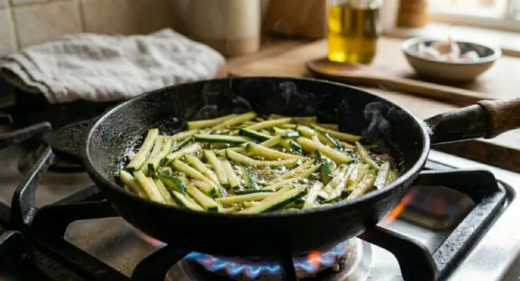 Aggiungete le zucchine, mescolate bene, coprite con un coperchio e fate cuocere a fuoco medio per circa 15 minuti, mescolando di tanto in tanto e facendo attenzione che non si brucino. Pochi minuti prima del termine della cottura aggiungete il sale, il prezzemolo tritato e un pizzico di pepe. Mescolate bene e servite le zucchine ben calde.