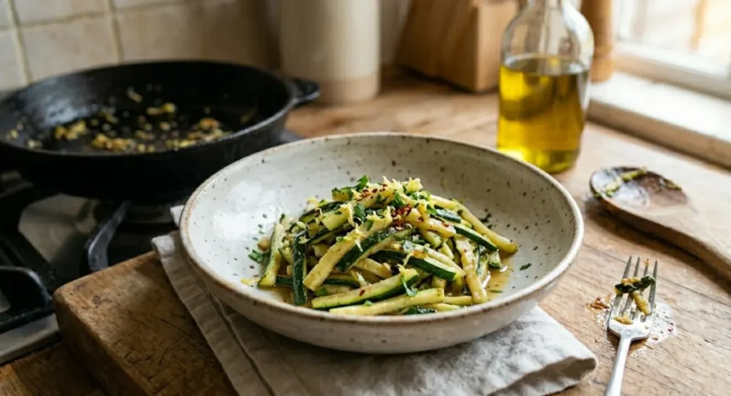 Contorno di zucchine trifolate light servite in una ciotola di ceramica artigianale.