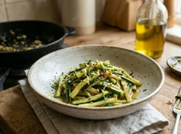 Il risultato finale: zucchine croccanti. Contorno di zucchine trifolate light servite in una ciotola di ceramica artigianale.