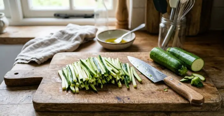 Lavate le zucchine, tagliate le due estremità, tagliatele prima a metà per il senso della lunghezza e poi a striscioline spesse circa un centimetro. Tagliate ognuna di queste in due-tre parti a seconda della lunghezza delle zucchine.