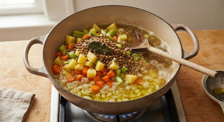 In una pentola abbastanza capiente versate due cucchiai di olio extravergine di oliva. Fate sofriggere la cipolla per pochi minuti e poi aggiungete a mano a mano tutte le altre verdure. Alla fine aggiungete anche le lenticchie e la foglia di alloro. Mescolate bene il tutto, aggiungete metà del brodo caldo, portate il tutto ad ebollizione e fate cuocere a fuoco lento per circa 40 minuti mescolando di tanto in tanto e eventualmente aggiungendo altro brodo qualora il fondo di cottura dovesse asciugurasi troppo.