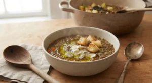 Zuppa di lenticchie pronta per essere servita e gustata. Piatto fondo con zuppa di lenticchie calda, guarnita con crostini di pane, formaggio a scaglie e olio extravergine, pronto da gustare.