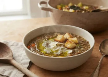 Piatto fondo con zuppa di lenticchie calda, guarnita con crostini di pane, formaggio a scaglie e olio extravergine, pronto da gustare.