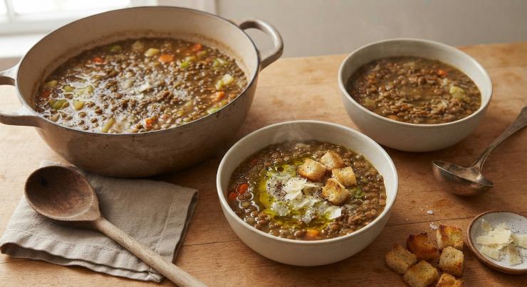 Una volta che tutte le verdure risulteranno cotte, salate, aggiungete il pepe e mescolate bene. Spegnete il fuoco, eliminate la foglia di alloro e servite la zuppa ben calda, eventualmente accompagnata da crostini di pane abbrustolito oppure da formaggio a scaglie. Non dimenticate un filo di olio extravergine di oliva a crudo.
