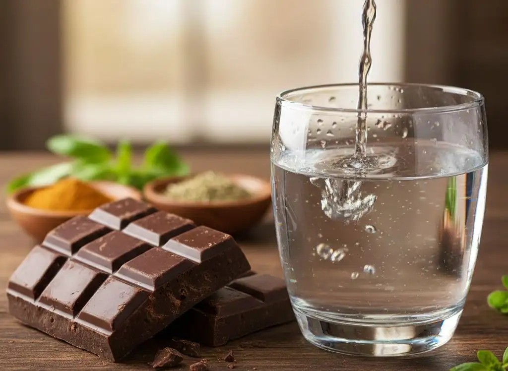 Bicchiere d'acqua e cioccolato fondente come rimedi antidolorifici naturali