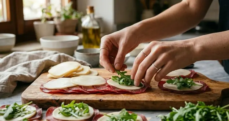 Inserite al centro di ogni fetta di formaggio qualche foglia di rucola, ne bastano cinque-sei per ogni fetta. Disponetela in modo che tutte le foglie siano posizionate nello stesso verso.