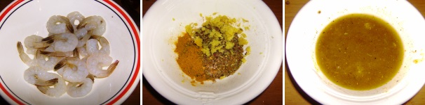 In una ciotola unite il curry con la cannela, i chiodi di garofano e lo zenzero grattugiato, aggiungete il succo di mezzo limone, l’olio, il pepe ed emulsionate il tutto, quindi pulite i gamberi privandoli del loro carapace ma mantenendo le code.