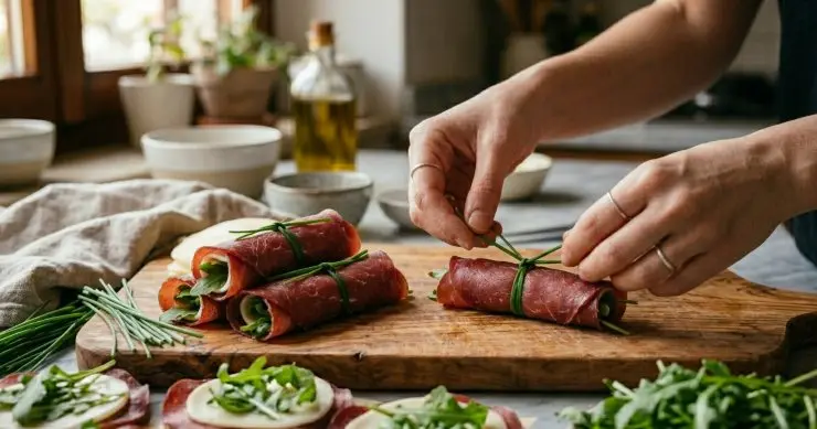 Avvolgete ciascuna fetta di bresaola andando a piegare prima un lembo e poi l’altro. Fermate l’involtino avvolgendo intorno qualche filo di erba cipollina, da legare come se fosse una sorta di spago.