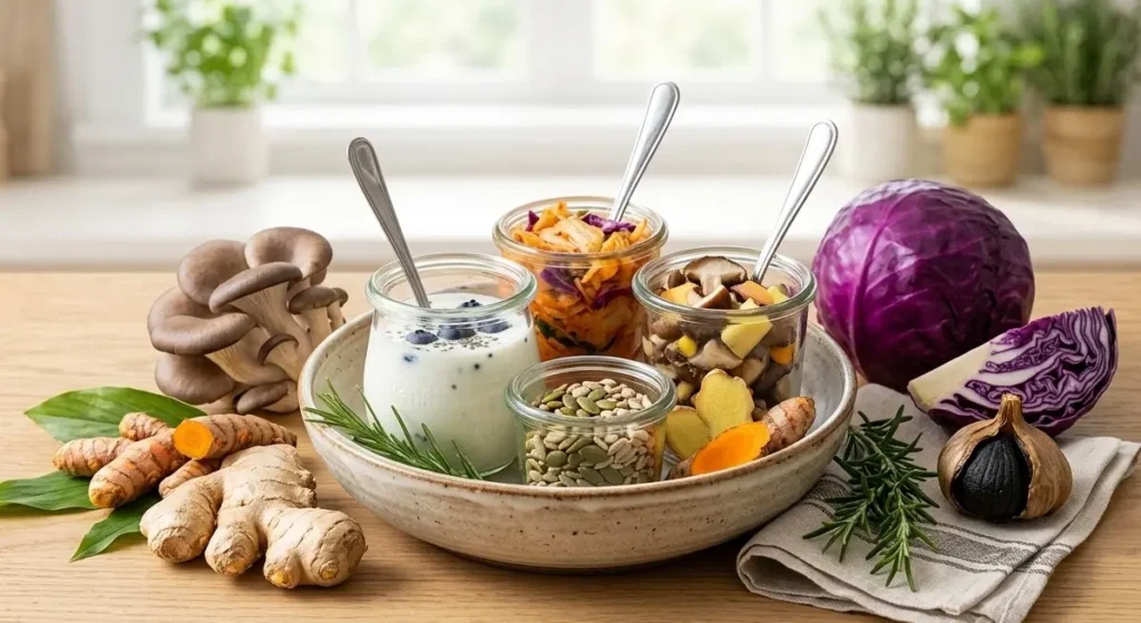 Varietà di cibi fermentati, funghi medicinali, zenzero e curcuma per rinforzare il sistema immunitario e il microbiota.