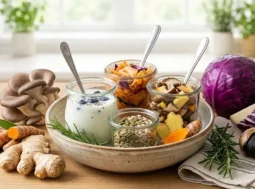 Varietà di cibi fermentati, funghi medicinali, zenzero e curcuma per rinforzare il sistema immunitario e il microbiota.