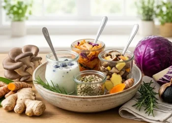 Varietà di cibi fermentati, funghi medicinali, zenzero e curcuma per rinforzare il sistema immunitario e il microbiota.