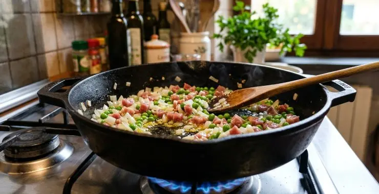 In una casseruola piuttosto ampia versate un cucchiaio di olio, aggiungete la cipolla e fate soffriggere per un minuto circa, aggiungete il prosciutto, fate soffriggere per un altro minuto e unite i piselli. Mescolate bene, aggiungete un paio di cucchiai di acqua calda, coprite e fate cuocere mescolando di tanto in tanto. Aggiustate di sale e, se lo gradite, aggiungete un pizzico di pepe.
