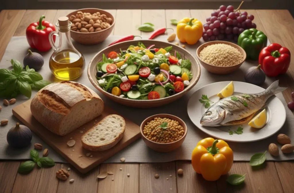 Tavola imbandita con alimenti della Dieta Mediterranea 2026: olio EVO, pesce azzurro, cereali integrali e verdure fresche per la prevenzione delle malattie.