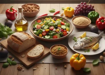Tavola imbandita con alimenti della Dieta Mediterranea 2026: olio EVO, pesce azzurro, cereali integrali e verdure fresche per la prevenzione delle malattie.