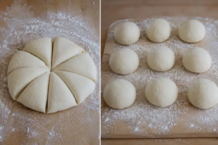 Dividete l’impasto così ottenuto in otto parti, arrotolatele in modo da formare otto palline e ponetele su una spianatoia infarinata o su una placca da forno. Coprite con un canovaccio umido e lasciate riposare per circa mezz’ora.
