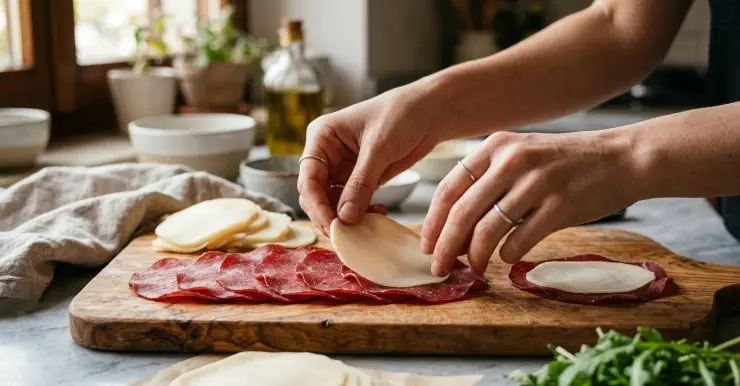 Prendete le fette di bresaola e adagiate su ciascuna di esse una fetta di formaggio a pasta filata, tagliata molto sottile. L’ideale è avere lo stesso spessore sia per le fette di formaggio che per le fette di bresaola.