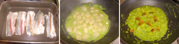 Finita la preparazione della salsa, iniziate a cuocere gli gnocchi. Nel frattempo, scaldate bene una padella e quando sarà molto calda tostate le fettine di guanciale da una parte e dall’altra per circa 30 secondi. Fatto ciò, gli gnocchi saranno pronti da scolare, aggiungeteli alla crema di piselli ed unitevi il guanciale leggermente sbriciolato. Saltate il tutto per pochi istanti e servite.