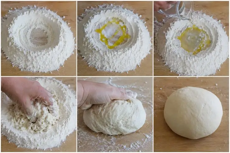 Su una spianatoia disponete la farina a fontana e aggiungete un pizzico di sale e l’olio. A poco alla volta agggiungete dell’acqua calda e iniziate a lavorare fino ad ottenere un impasto compatto e non troppo appiccicoso. Il risultato deve essere una massa soffice ed elastica.